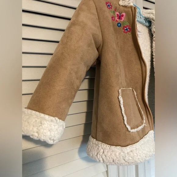 Little Me Girls Tan Suede Jacket Coat Floral Fleece Hoodie Zipper 18M Warm - Picture 8 of 12